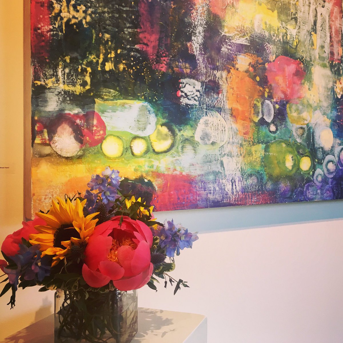 Love our neighbors <a href="/BasicSpaceArt/">Basic Space Gallery</a> who gave us these flowers which match Chris Foster's painting Celebration Sequence