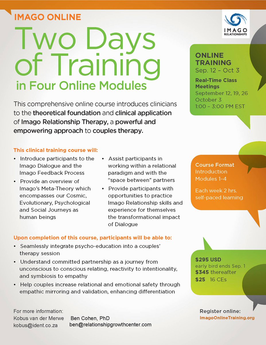 Imago_NA's tweet photo. IMAGO Online Training ! September 12 - October 3
https://t.co/WINu4FHo1J #Imago #couples #therapy #Imagotraining https://t.co/QkUx2bb7tR