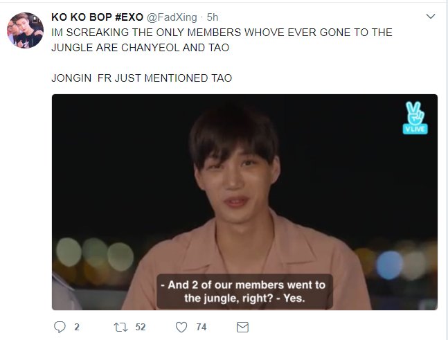 only4exo1094's tweet photo. Kai Talking about Law of the jungle,where Tao and Chanyeol Attended 
kai:and "2 OF OUR MEMBERS"went to the jungle right?
#EXO
#KOKOBOP
#EMOL https://t.co/SdSlc65CWK