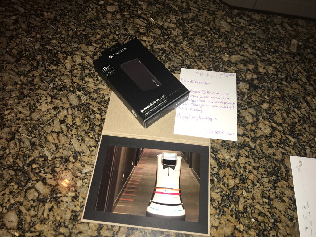 unaccompflyer's tweet photo. Stuff like this is why I LOVE @spg hotels. Thank you so much for the gift! #spglife #botlr @Savioke https://t.co/2COsT6Fy5h