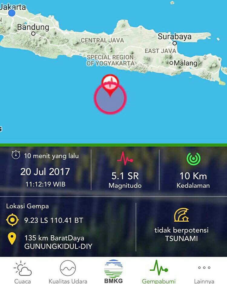 Jogja24Jam's tweet photo. #Gempa Mag:5.1 SR, 20-Jul-17 11:12:19 WIB, Lok:9.23 LS,110.41 BT (135 km BaratDaya GUNUNGKIDUL-DIY), Kedlmn:10 Km #BMKG -@infoBMKG https://t.co/sRGWgdfzzS
