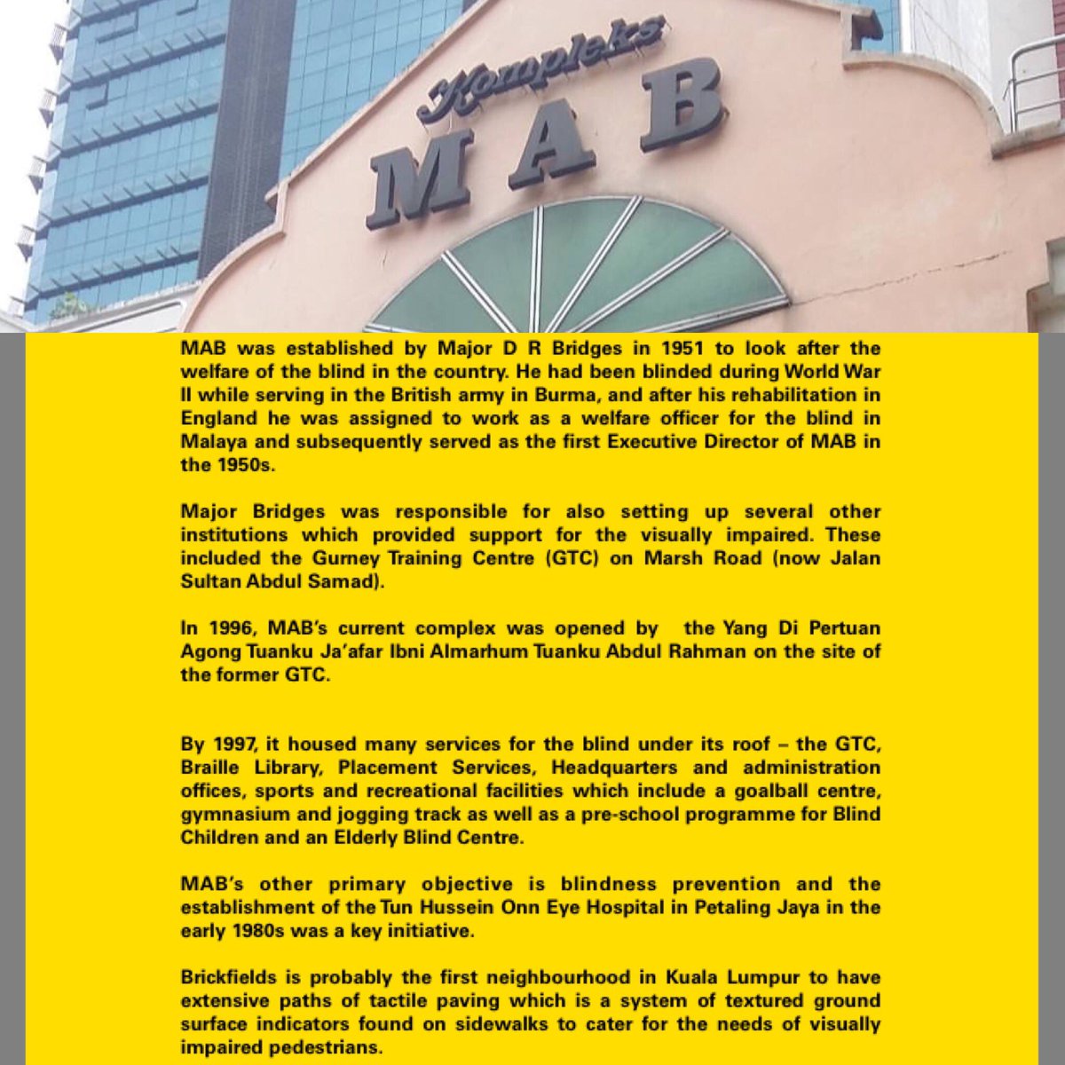 BadanWarisan's tweet photo. Some info about the Malaysian Association for the Blind, the starting place for our #DiscoverBrickfields walk in 2015 https://t.co/t6mpXrWhbB
