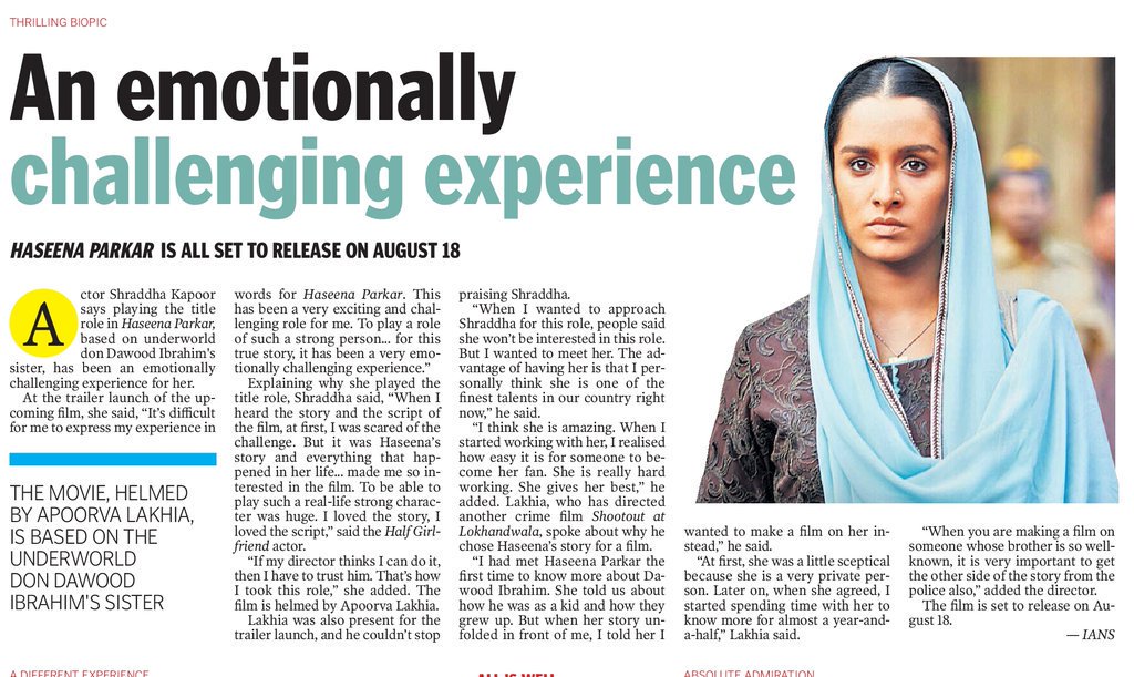 ILuvShraddha's tweet photo. [SCAN]: An emotionally challenging experience! @ShraddhaKapoor @haseenamovie https://t.co/RaQJi4YFhg