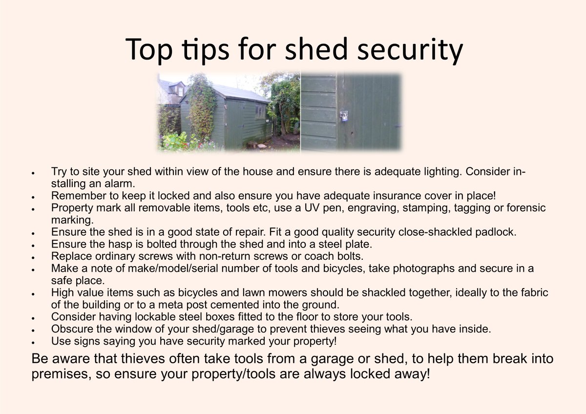PSOSAngus's tweet photo. Recently a number of sheds targeted within the Angus area. Consider your #SummerSecurity and value of the contents! https://t.co/xi6htljiNM https://t.co/c9yOKYotae