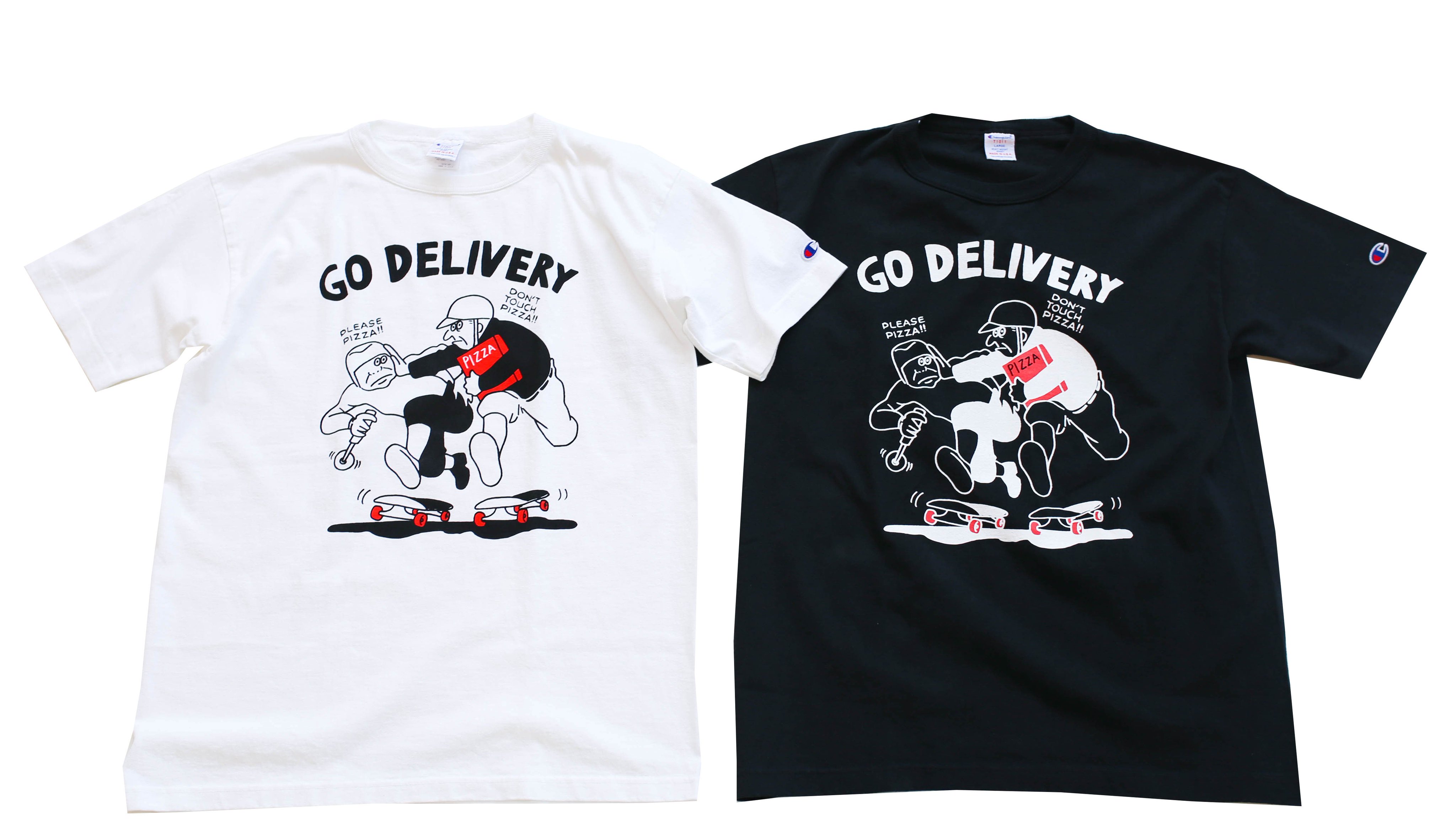 Champion Japan チャンピオン直営店限定 Champion とイラストレーターfaceさんのスペシャル コラボtシャツがリリース 米ユースカルチャーの象徴 ピザ スケートがテーマで Tシャツボディは ヘビーウェイトt 1011 オリジナルピザボックスへinして