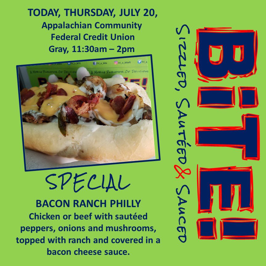 Tri_a_BiTE's tweet photo. We're in #GrayTN today, get your #PhillyFix!
#mobilepurveyorofdeliciousness
#AppalachianCommunityFederalCreditUnion
#ACFCU https://t.co/2kqjki311n