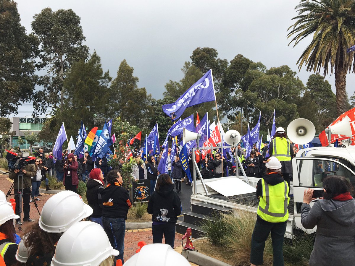 NTEUVictoria's tweet photo. Today, NTEU joined @VicUnions_Women outside the Element5/VCON office to say no to workplace gendered violence.
#StopGV @VicUnions https://t.co/f6K8UJjKwx