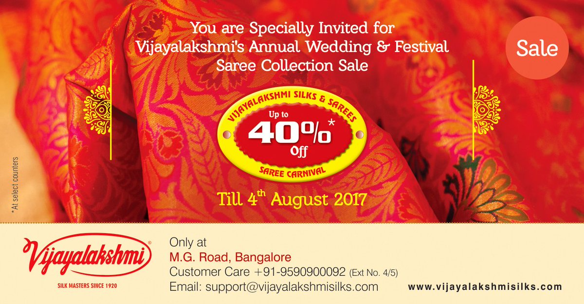 silksareeonline's tweet photo. 40% OFF on #Kanchipurams, #Banarasis, Fancy Georgettes &amp; Crepes only at M.G.Road Branch till this 4th August, 2017 https://t.co/Km33HLdROt https://t.co/pvClHelwMv