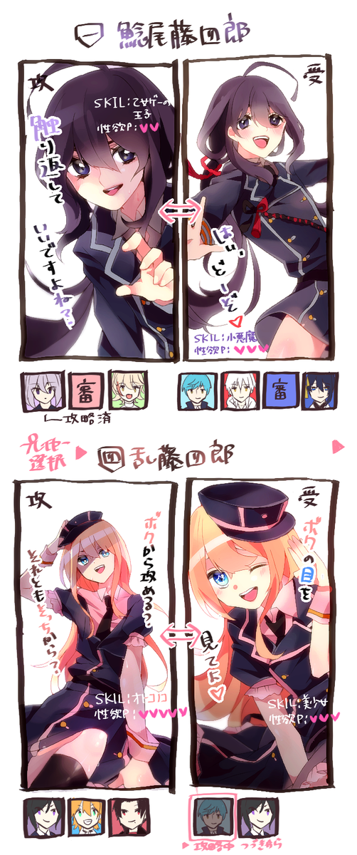 「うちの」第一部隊のカップリング事情(別名・風紀の乱れ)をゲーム風にしてみた。プレイヤーを隊員6人×受攻2パターンから選択し、本丸の刀剣男士達を攻略してくイメージ(下のアイコン達が攻略済)。好感度Pとかつけても面白そう ※地雷注意 