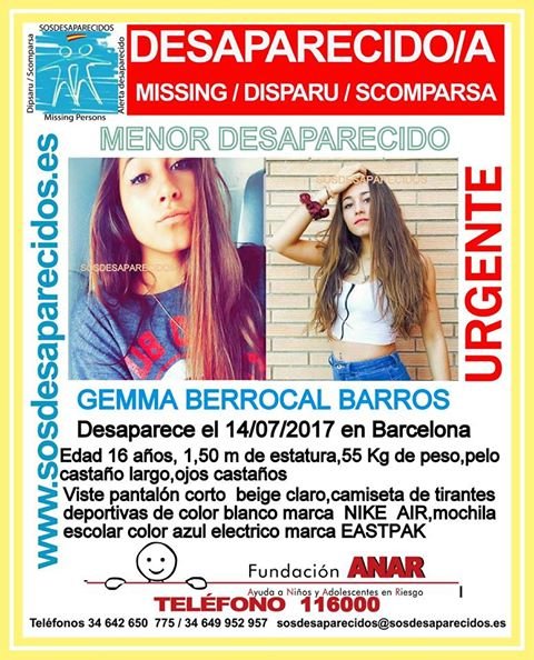 Gemma ha desaparecido en Barcelona, ayúdanos a localizarla, el tiempo es vital y tu RT también. ☎️ #062