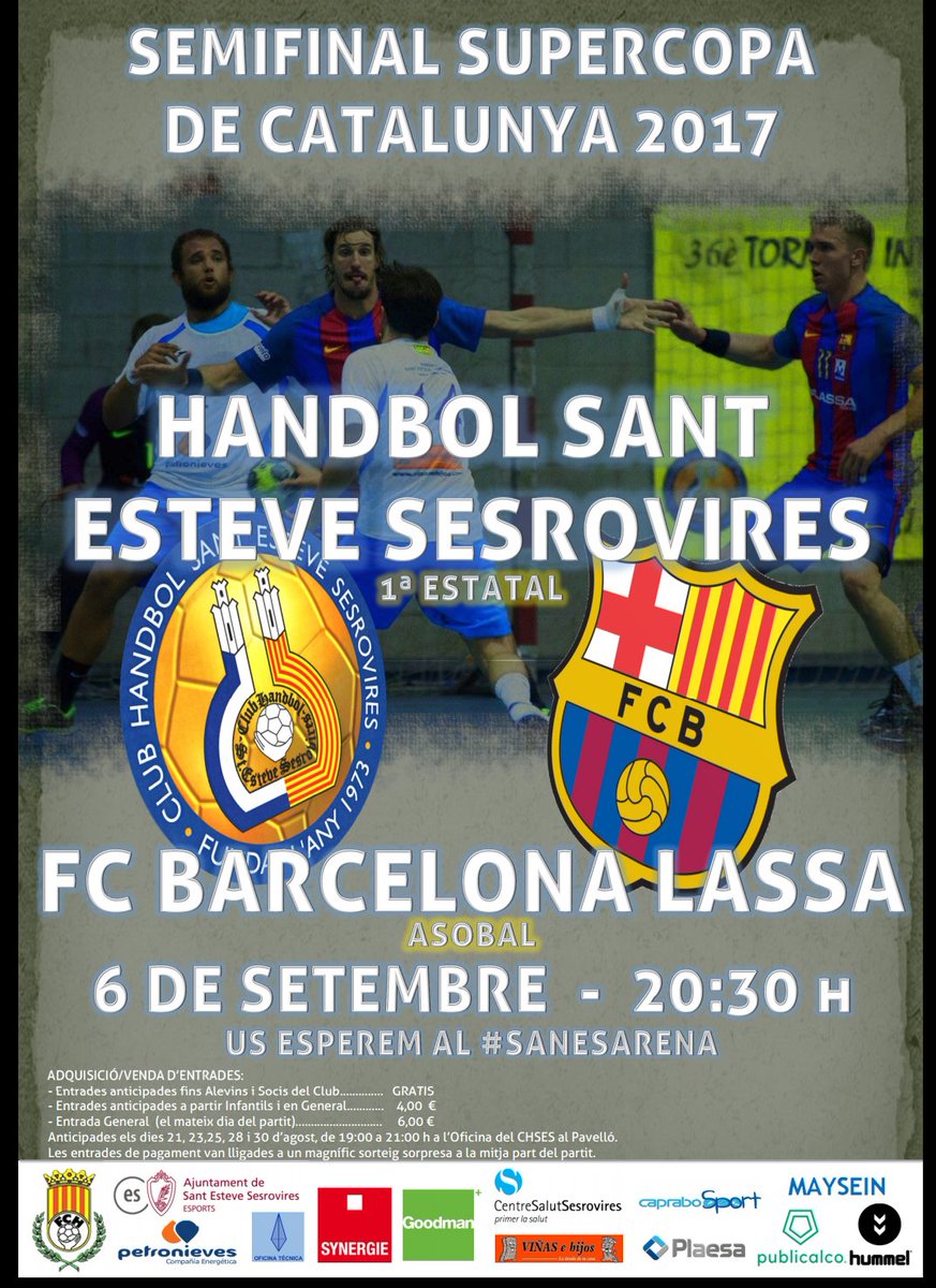 chses1973's tweet photo. ATENCIÓ: Dia i horari definitiu
🏆🏆🏆Semifinal Supercopa Catalunya
📆 DIMECRES 06.09.2017
🕜 20:30 h #SanesArena 
@Handbol_Sanes vs @FCBhandbol https://t.co/OjzUH8MDGN