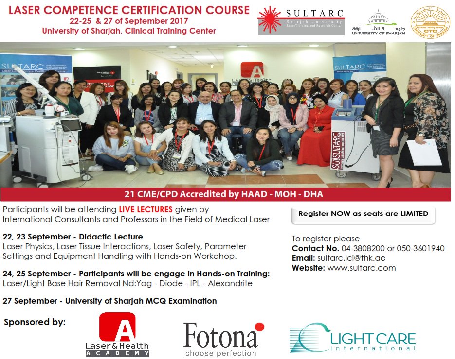 LCCSULTARC's tweet photo. Registration is now open for September 22-25 and 27 2017. 
#SULTARC_LaserTrainingCourse Accredited by #HAAD #MOH #DHA
#LaserCompetenceCourse https://t.co/XLoVVIzetL