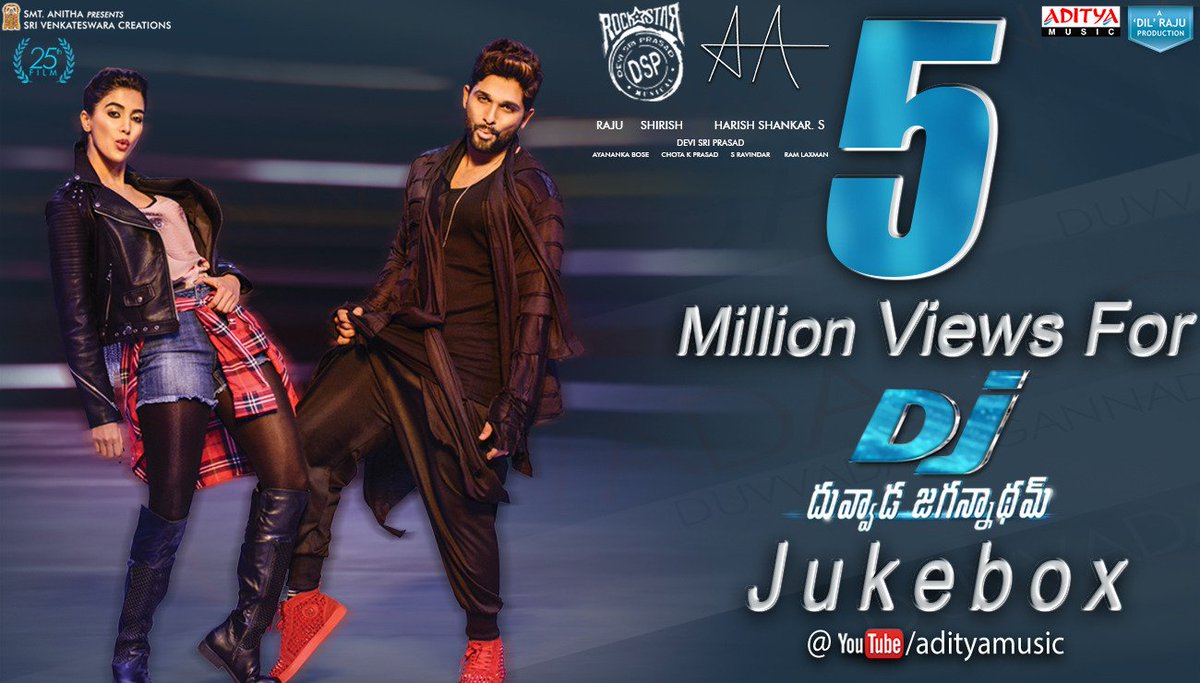 adityamusic's tweet photo. #5Million Views For #DJJukebox π @alluarjun @hegdepooja @harish2you @ThisIsDSP @SVC_official Listen & Enjoy Here βΆhttps://t.co/kvS7mKxYsu https://t.co/xK4GMaGmSb