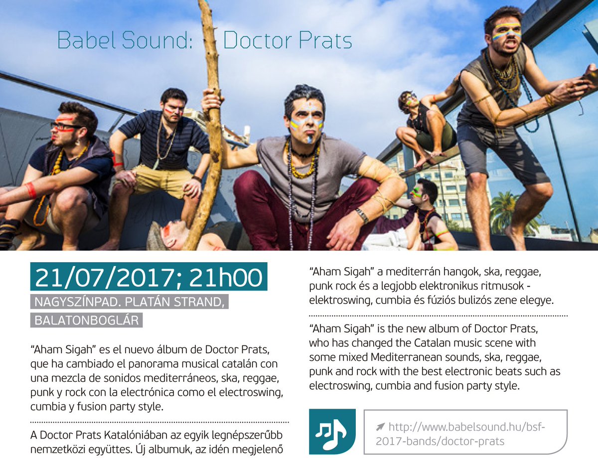EmbEspHungria's tweet photo. 21/07 21h00; Nagyszínpad, Platán Strand, Balatonboglár. #BabelSound: #DoctorPrats. Mediterrán hangok, ska, punk, rock... #Őrültspanyol https://t.co/vvVvN9T2Md