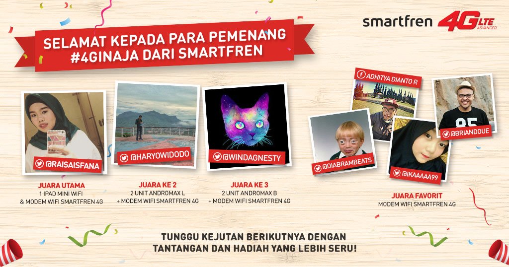 smartfrenworld's tweet photo. Pemenangnya adalah @raisaisfana, Selamat ya, kamu memenangkan hadiah utama + modem WiFi Smartfren 4G dari tantangan #4GinAja https://t.co/cljvuUFsuy