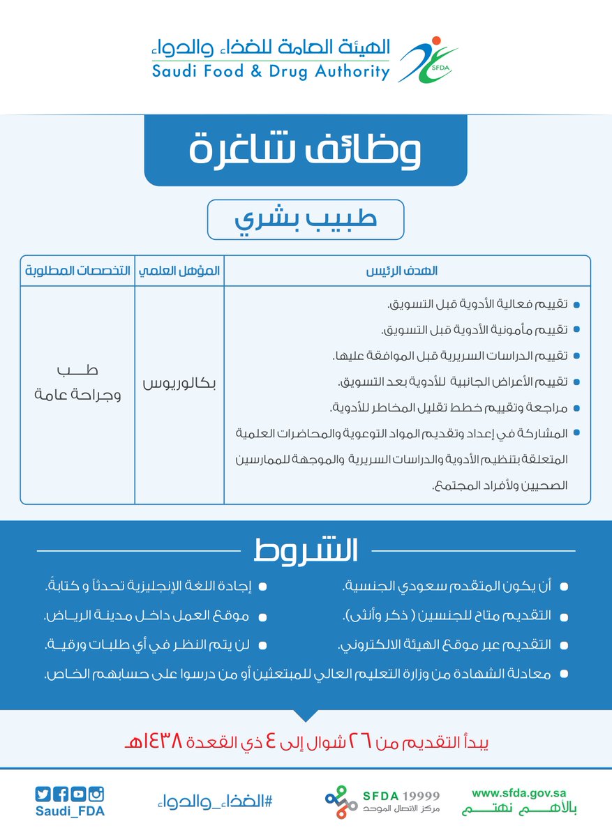 Saudi_FDA's tweet photo. #الغذاء_والدواء تعلن عن وظائف جديدة ..
https://t.co/09eswACXtC https://t.co/fok5I87R1r