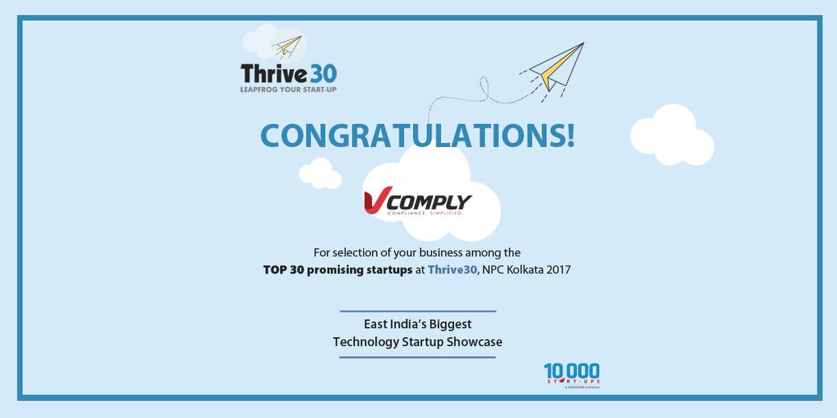 thrive30's tweet photo. Congratulations @V_Comply for being selected among Top 30 Promising Startups. We wish your Business a Splendid Future ahead. #Thrive30 https://t.co/wIJI0nrRY4