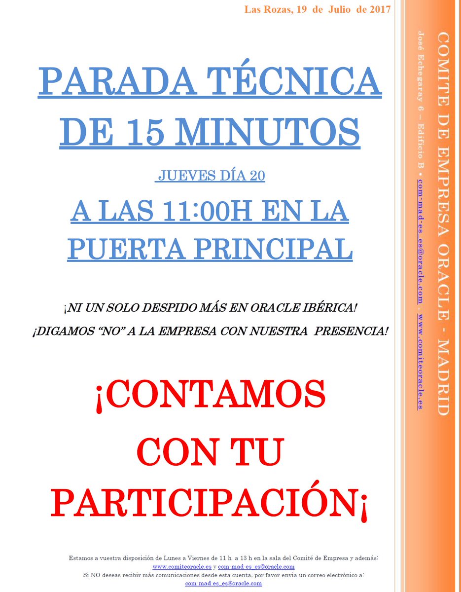 ComiteOracle's tweet image. ¡Ni un solo despido más en Oracle!¡Digamos NO a la empresa con nuestra presencia! Contamos con TOD@S #OracleERE2017 #NoMasDespidos