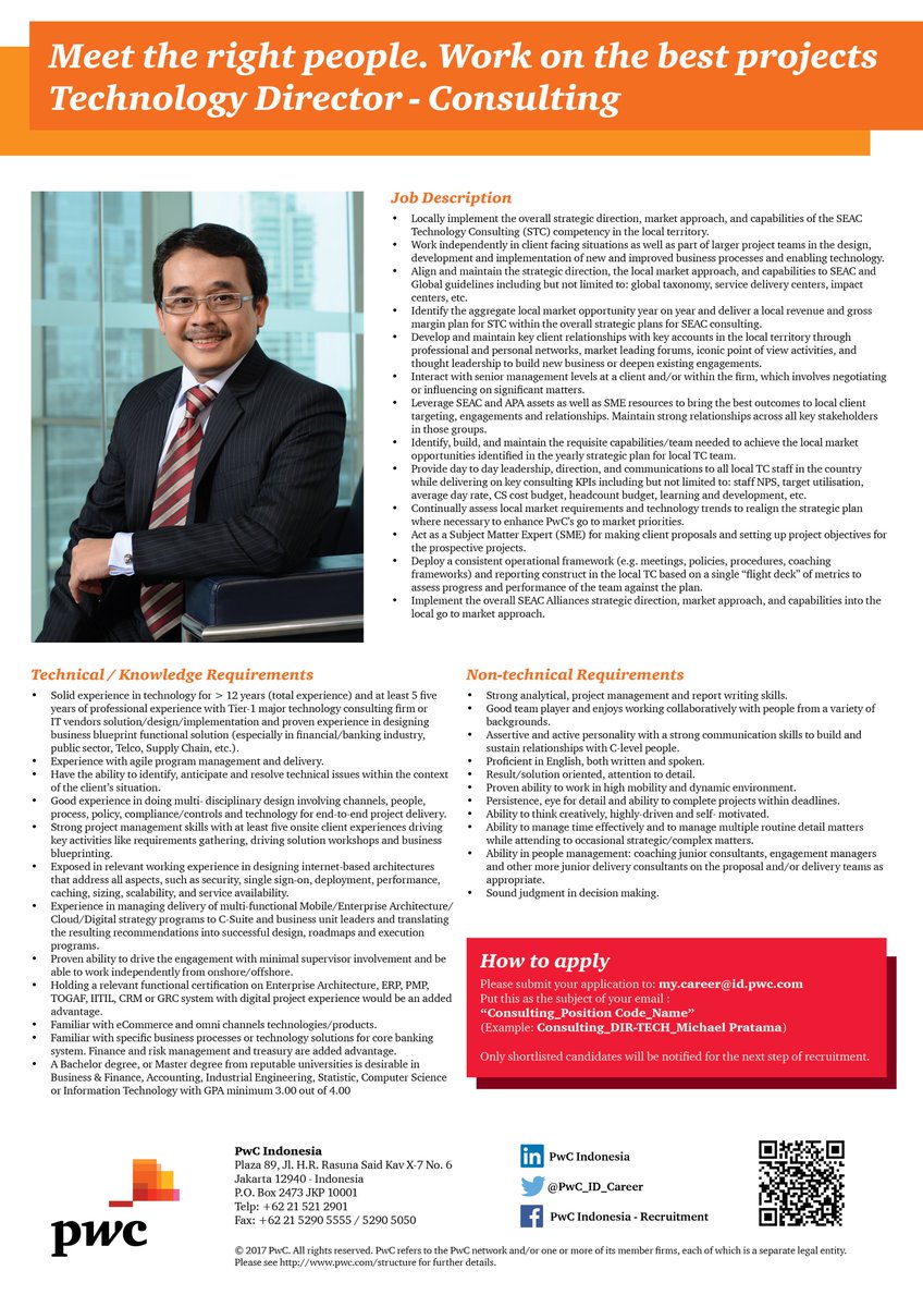Meet the right people. Work on the best projects- PwC Consulting. We are looking for Technology Director to join the team. Apply now!