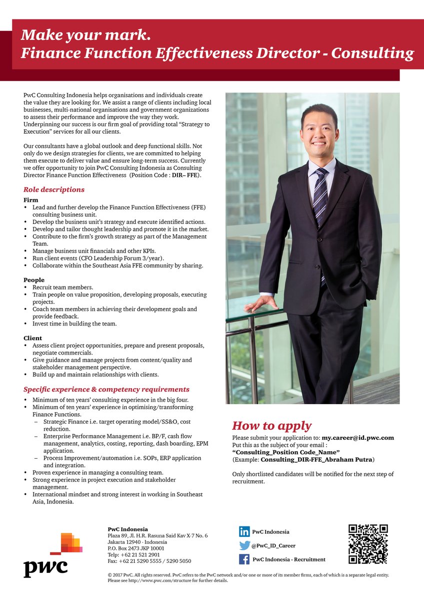 Make your mark in Finance Function Effectiveness- PwC Consulting Indonesia. Currently we're looking for Consulting Director to join the team