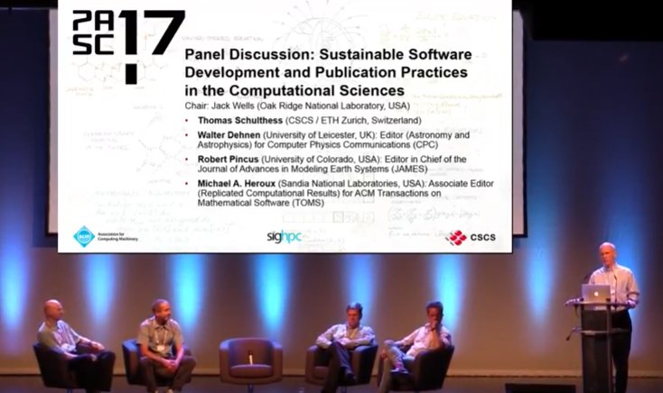 PASC_Conference's tweet photo. Video of Panel Discussion "Sustainable Software Development in Computational Sciences" during #PASC17 now online: https://t.co/Mq9PFG9a6v https://t.co/IqcFz4zErQ