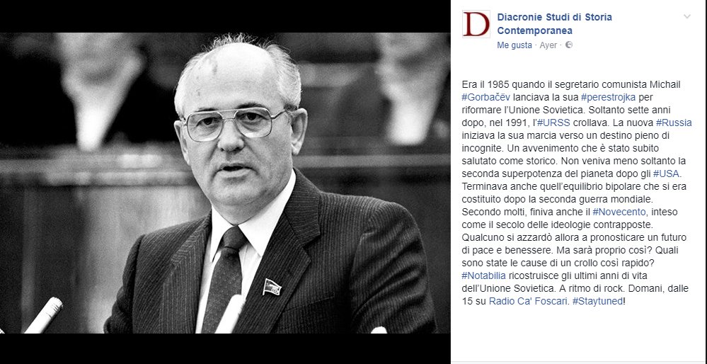 Oggi pomeriggio su <a href="/radiocafoscari/">Radio Ca' Foscari</a> si parlerà di Michail Gorbačëv, #perestrojka, #URSS (1985-1991).. Torna #Notabilia alle 15h, non mancate!