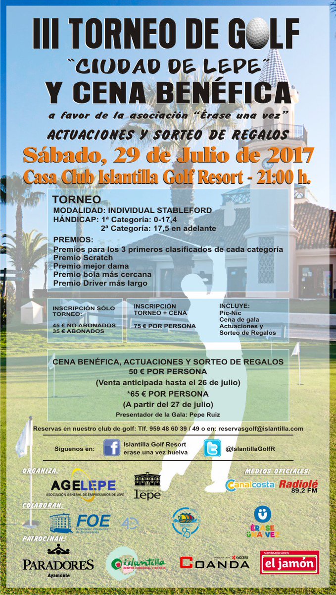 DeportesLepe's tweet photo. III Torneo de Golf "Ciudad de Lepe" y cena a beneficio de la Asociación "Érase una vez" #LepeDeporte #Islantilla https://t.co/3BWGw8InEh https://t.co/JyQhKMEqbJ