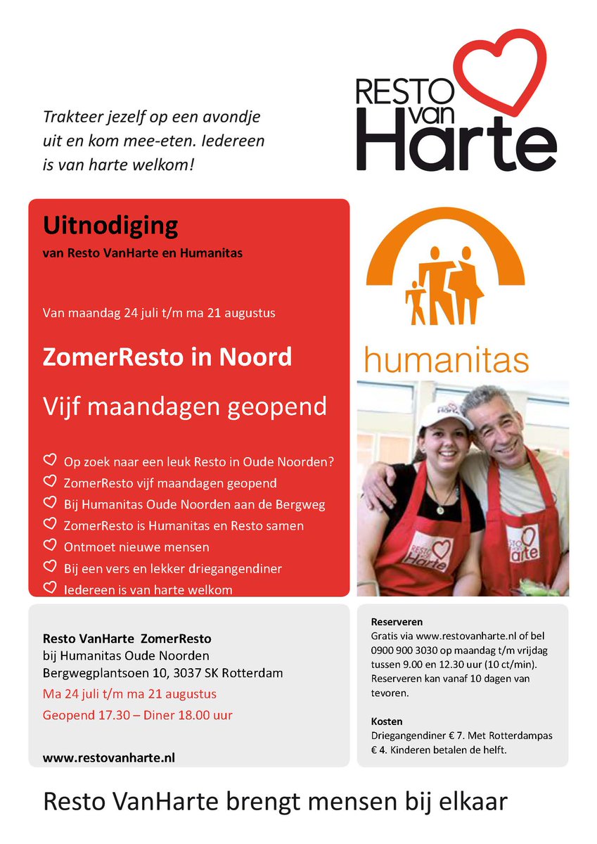 <a href="/Humanitas_Rtd/">Stichting Humanitas</a> werkt deze zomer samen met <a href="/RestoVanHarte/">Resto VanHarte</a>: diner In Brasserie Bergweg op zomer maandagen. Meer info: bit.ly/2tJv1uZ