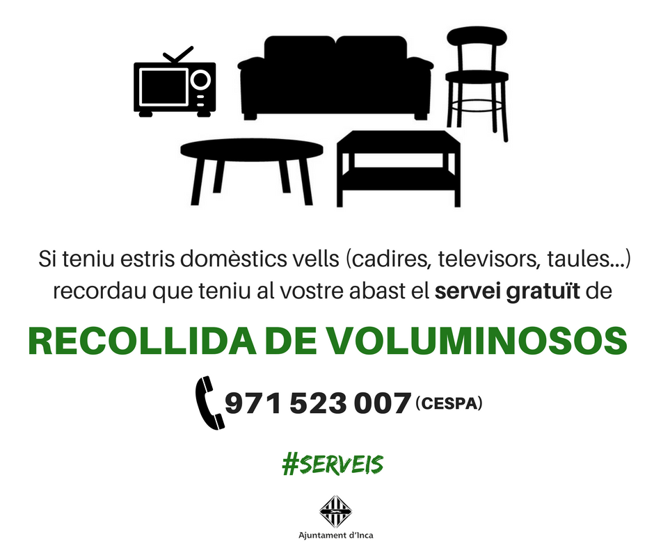 incaciutat's tweet photo. #Serveis ☝️ Recordau que podeu utilitzar el telèfon gratuït 971523007 del servei de franc de recollida de voluminosos #incaneta https://t.co/m0e1Qu3LDY