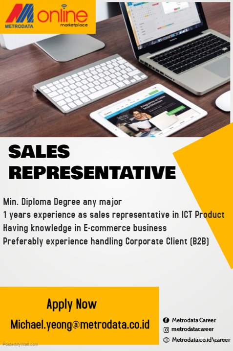 MetrodataCareer's tweet photo. New vacancy update !
Send your CV now 😃
#metrodata #metrodatagroup #metrodatacareer #sales #lowongankerja https://t.co/QuY2QM2ayw