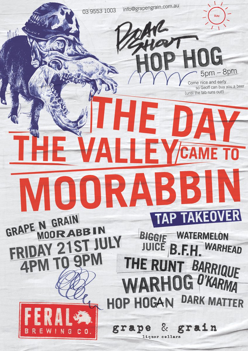 FeralBrewing's tweet photo. VIC: Tap Takeover tomorrow night from 4pm @TheGrapeGrain. Special releases & favourites with #HopHog on the #Boarshout from 5pm. #Moorabbin https://t.co/LERduntxHR