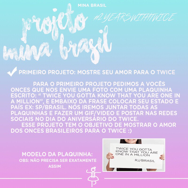 MinaBrasil_'s tweet photo. [#PROJETO] Projeto Mina Brasil #2YearsWithTwice 
Mande sua plaquinha pela DM 😊 Onces vamos mostrar nosso amor para o Twice !! https://t.co/milnw8B03b