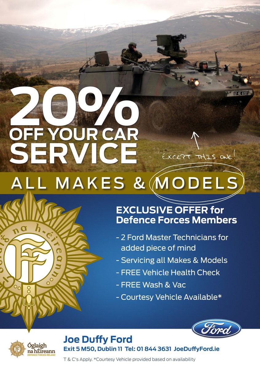 JoeDuffyFord's tweet photo. As a token of our appreciation to the Irish Defence Forces, we would like to extend an offer of 20% off your next car service😎🚗 https://t.co/9Q0CqTzdYx