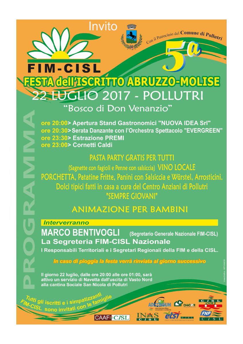 CISLAbruzzoMoli's tweet photo. Festa dell'iscritto #Fim #Cisl #Abruzzo #Molise sabato #22luglio2017 a #Pollutri #Chieti con @BentivogliMarco https://t.co/frzjwooCu5