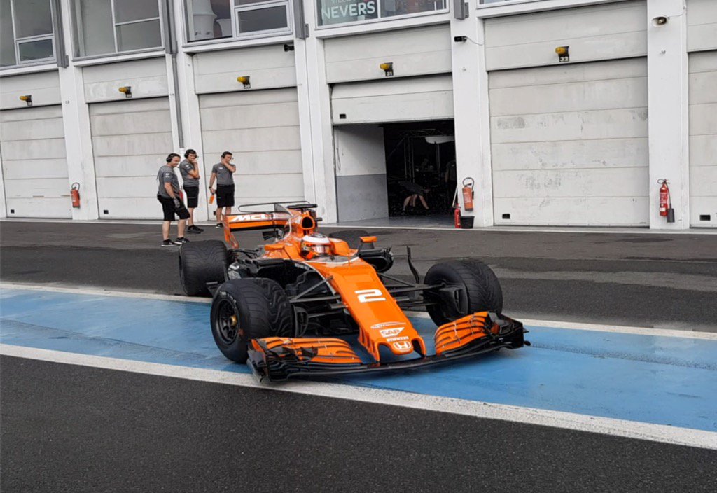 pirellisport's tweet photo. Day 2 of 2018 intermediate tyre test done @MagnyCoursTrack with 117 laps by @svandoorne for @McLarenF1. https://t.co/7OT10TeuSg