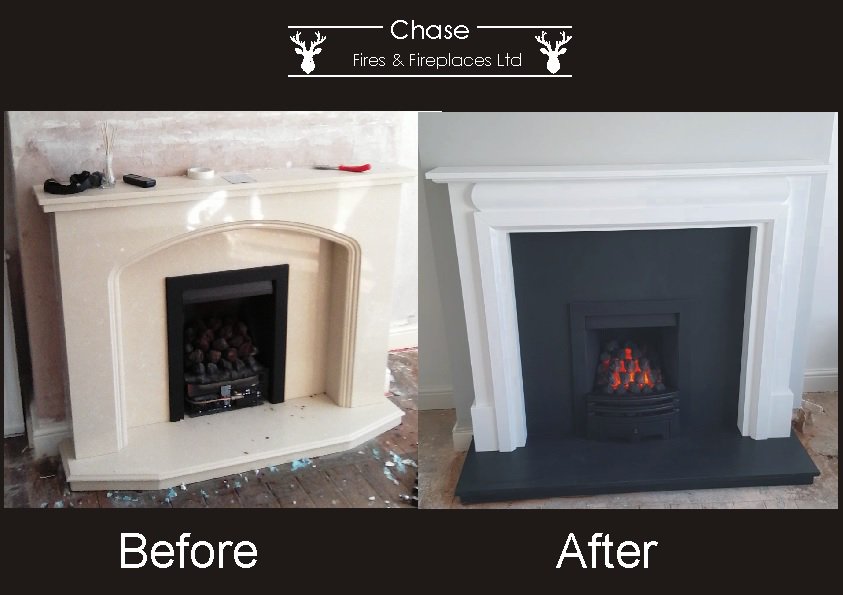 FiresChase's tweet image. Todays installation, made to measure white veneer fireplace from @gbmantels with honed granite set &amp;amp; customers existing gas fire 😍