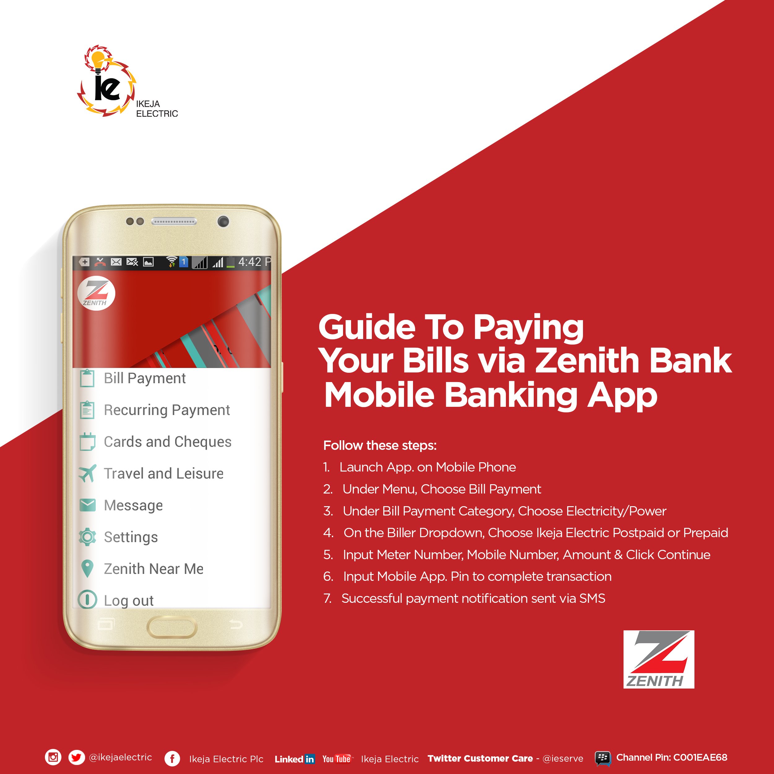 Ikeja Electric on X If you have the Zenith Bank mobile banking app you can conveniently pay your bill recharge from it. Simple Convenient https t wTU1eqg8iG X