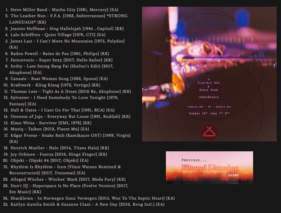 Fabulous waxxy sounds of Filtered Listening 10 w/ Electric Ape &amp; Kubla Khan up here for you...All the tracks played: kin-aesthetic-recordings.com/filtered-liste…