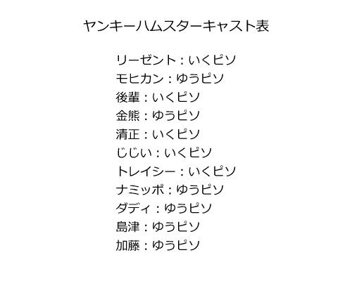 ピソスタジオ ヤンキーハムスター のキャスト表です 二人でやってますよ ピソスタジオ ヤンキーハムスター のキャスト表です 二人でやってますよ