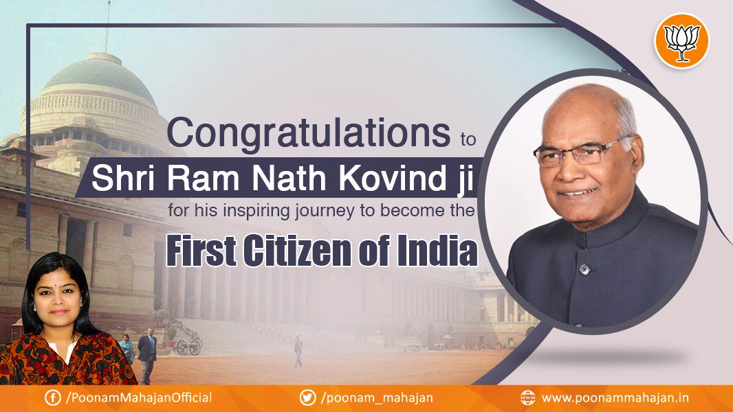 poonam_mahajan's tweet image. Congratulations to Shri Ramnath Kovind ji on the historic moment of being elected as the 14th President of India.
#RamNathKovind