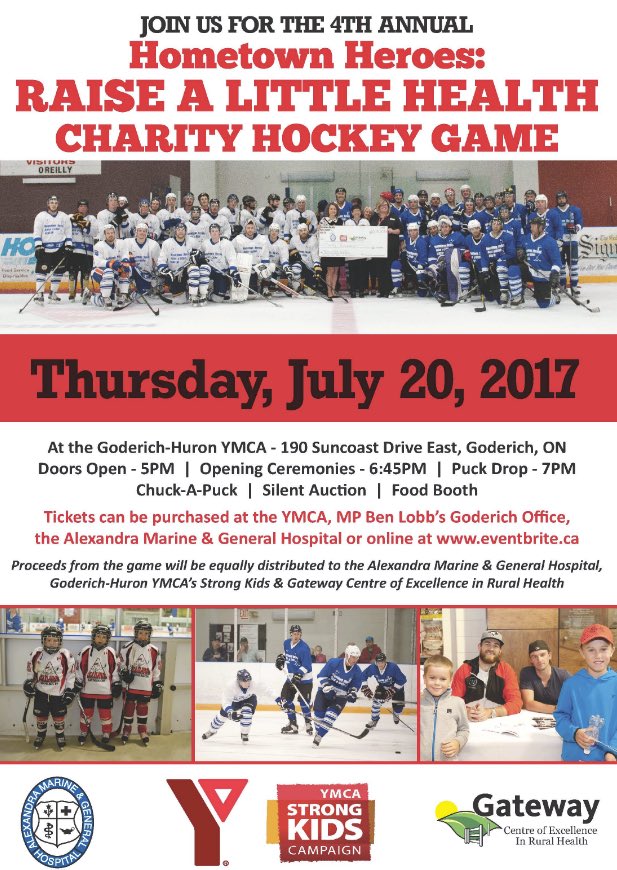 YMCAGoderich's tweet photo. Today's the day! Don't miss out on this game get your tix at the Y. #hth2017 #raisealittlehealth @1049thebeach @cknxnews @905myFM https://t.co/6njCnvejxF