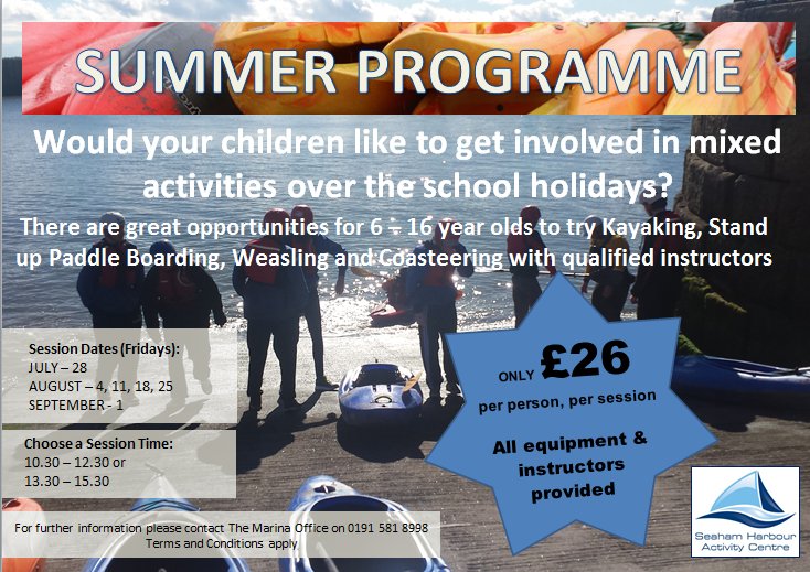 SeahamMarina's tweet photo. Summer Programme for 6 - 16 year olds. Telephone bookings now being taken - 0191 5818998. https://t.co/GAexSN2uBW