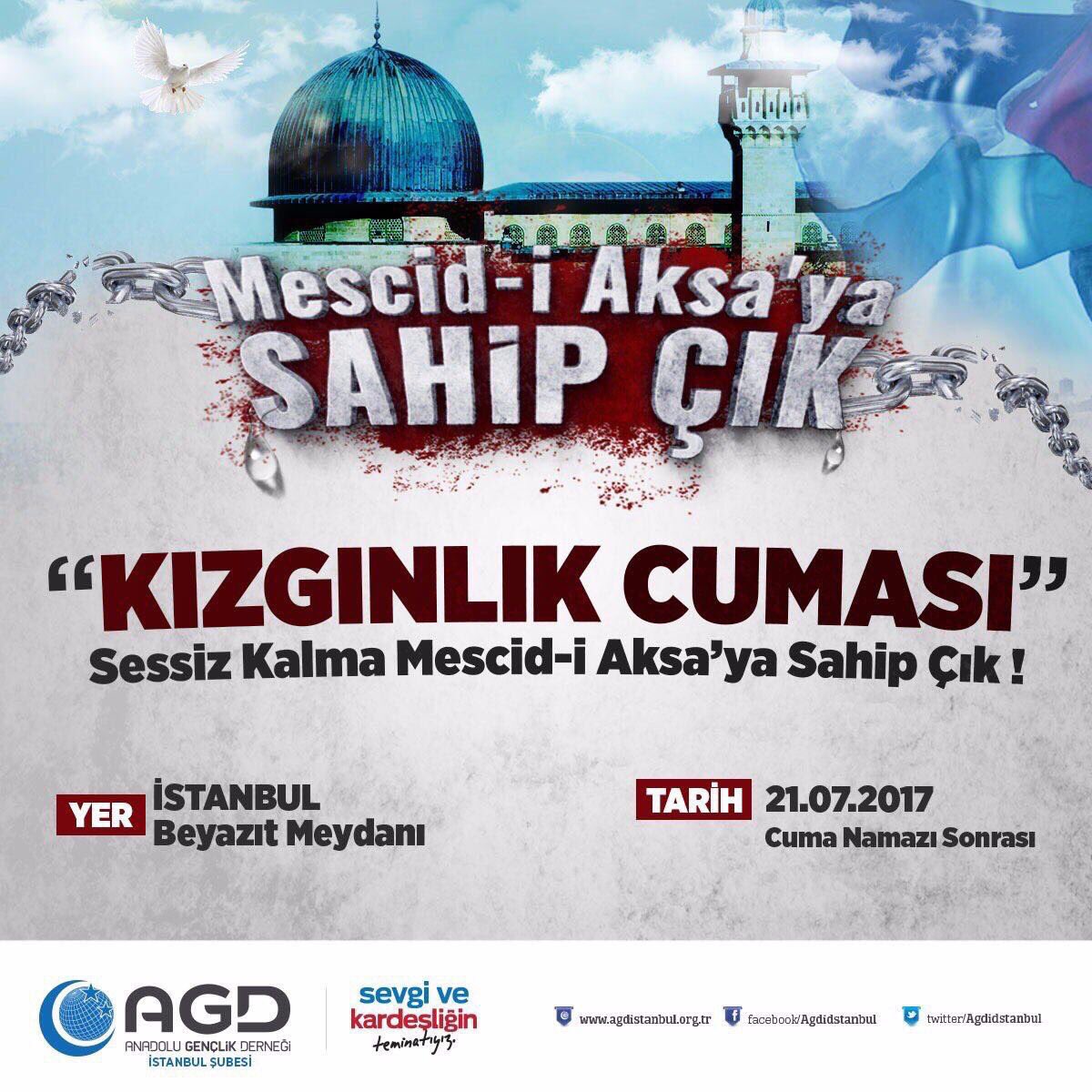 Mescid-i Aksa'da yeniden özgürce namaz kılınabilmesi için yarın Beyazıt Meydanı'nda düzenlenecek "Kızgınlık Cuması"nda buluşuyoruz.