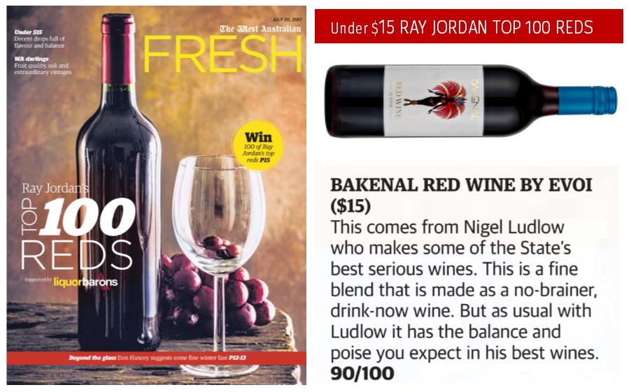 Look who made it to Top 100 Reds by <a href="/rayjordan54/">Ray Jordan</a> in the <a href="/westaustralian/">The West Australian</a>... Bakenal Red Wine by Evoi! Check out reviews on all the top reds.