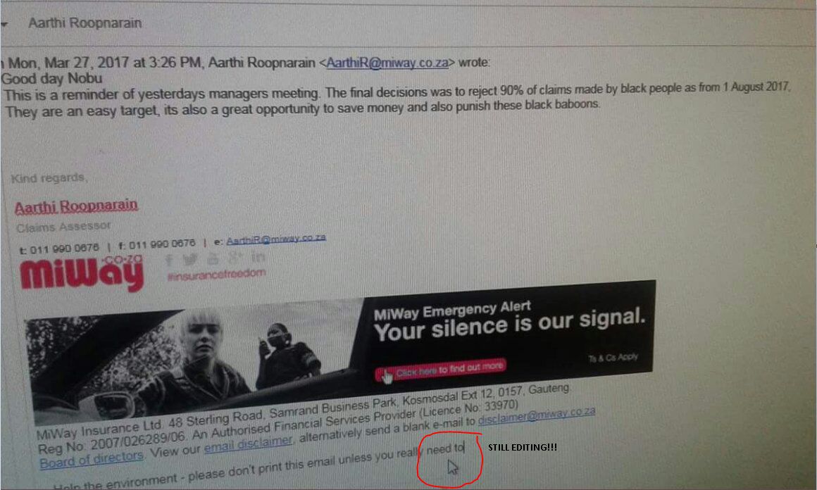 LarryGCrisp's tweet photo. #MiWay the person who was concocting this email didn't even get a chance to finish the disclaimer section...😂😂😂 https://t.co/AlFFfoebup