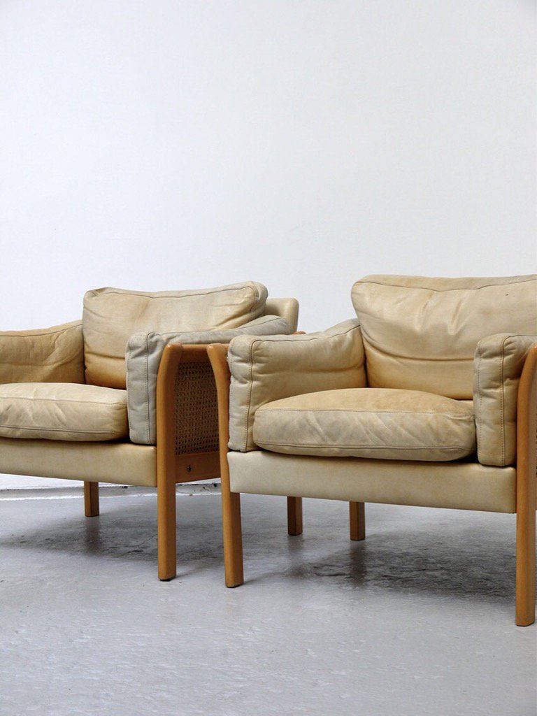 macandmay's tweet photo. Pair of nicely worn Leather Bergere chairs, new in store  today 1970's, Danish.             #sheffieldissuper https://t.co/jRcPkwE4Sx