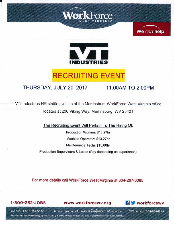 RegionVIIWDB's tweet image. VTI Industries HR staffing will be at the Martinsburg WorkForce West Virginia office today from 11:00am to 2:00pm.