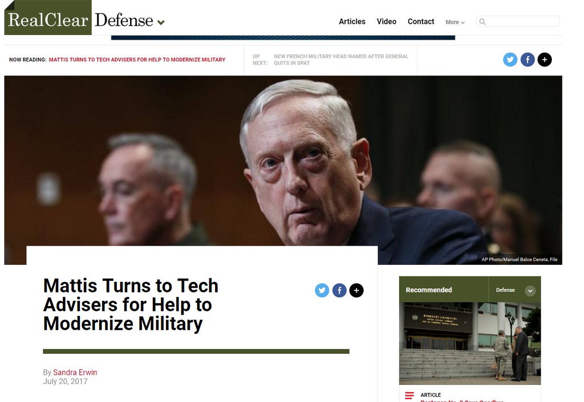 #SecDef &amp; @DeptofDefense looking to invest in #AI &amp; autonomous systems to vastly improve military tech capabilities. realcleardefense.com/articles/2017/…
