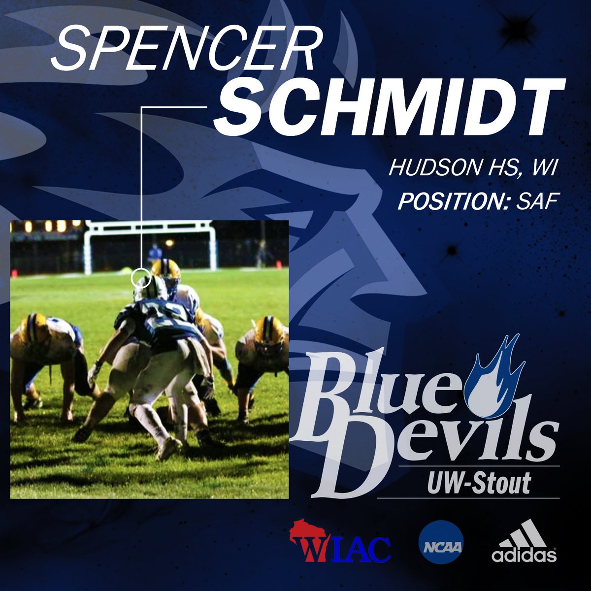 UWStoutFootball's tweet photo. Spencer Schmidt (@schmitty1999). Defensive Back from Hudson HS, WI. #BlueDev17s https://t.co/LLoBDDD4t2