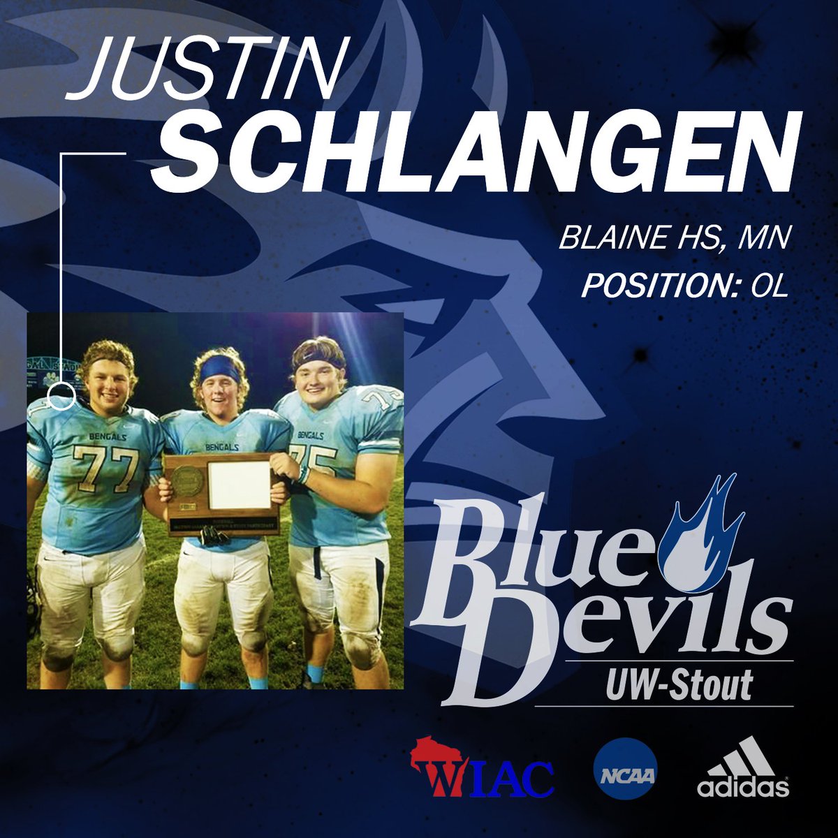 UWStoutFootball's tweet photo. Justin Schlangen (@JustinSchlangen). Offensive Lineman from Blaine HS, MN. #BlueDev17s https://t.co/yOVj6kpY0Z